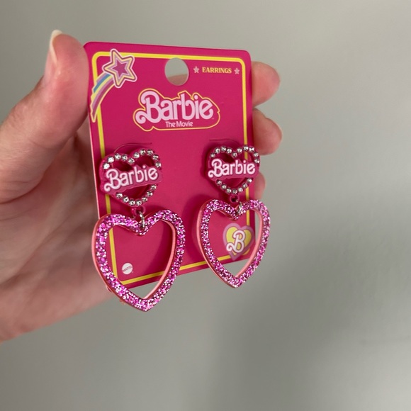 NWT Barbie the Movie Pink Glitter & Crystal Heart Earrings - Picture 6 of 9